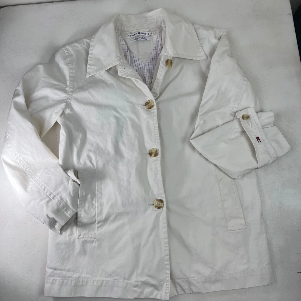 Vtg Tommy Hilfiger White Cotton Button Up Jacket Womens Medium Casual Mod Disco